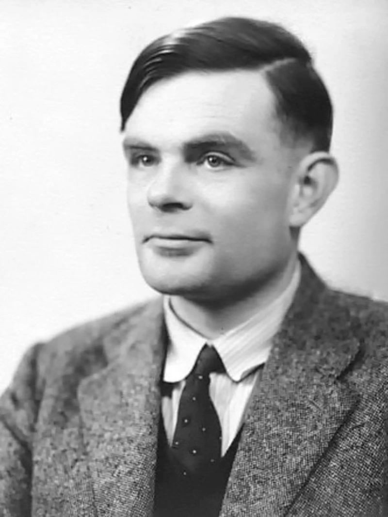 Editorial illustration of Alan Turing standing before an abstract machine tape