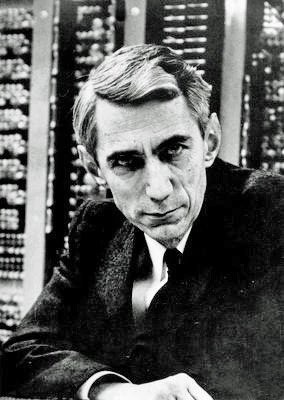 Editorial illustration of Claude Shannon surrounded by bits and communication waves