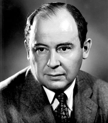 Editorial illustration of John von Neumann before a diagram of memory and processor units